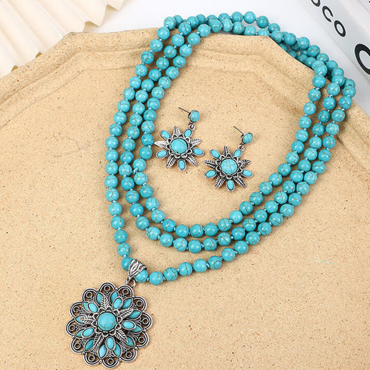 Vintage Jewelry Set Turquoise Silver Necklace Earrings