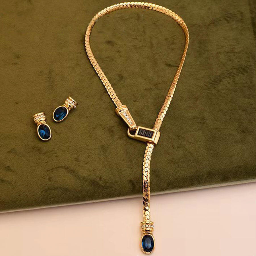 Vintage Jewelry Set Blue Crystal Necklace Earrings