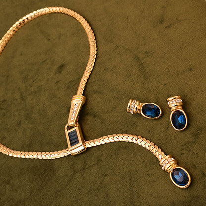 Vintage Jewelry Set Blue Crystal Necklace Earrings