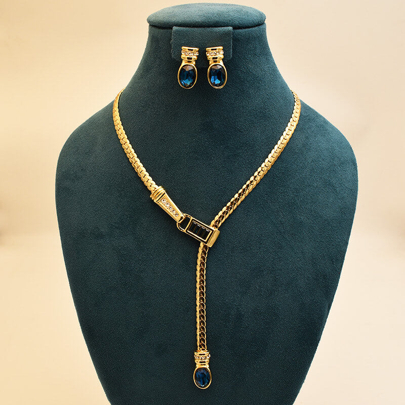 Vintage Jewelry Set Blue Crystal Necklace Earrings