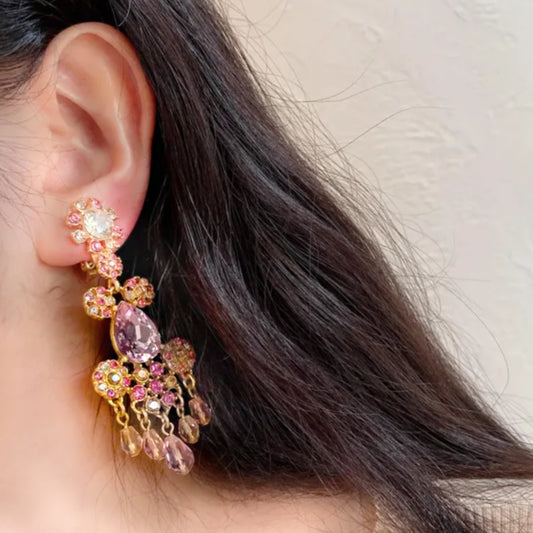Water Drop Rhinestone Chandelier Earrings Gold Plated Vintage Bling Tassel Earrings