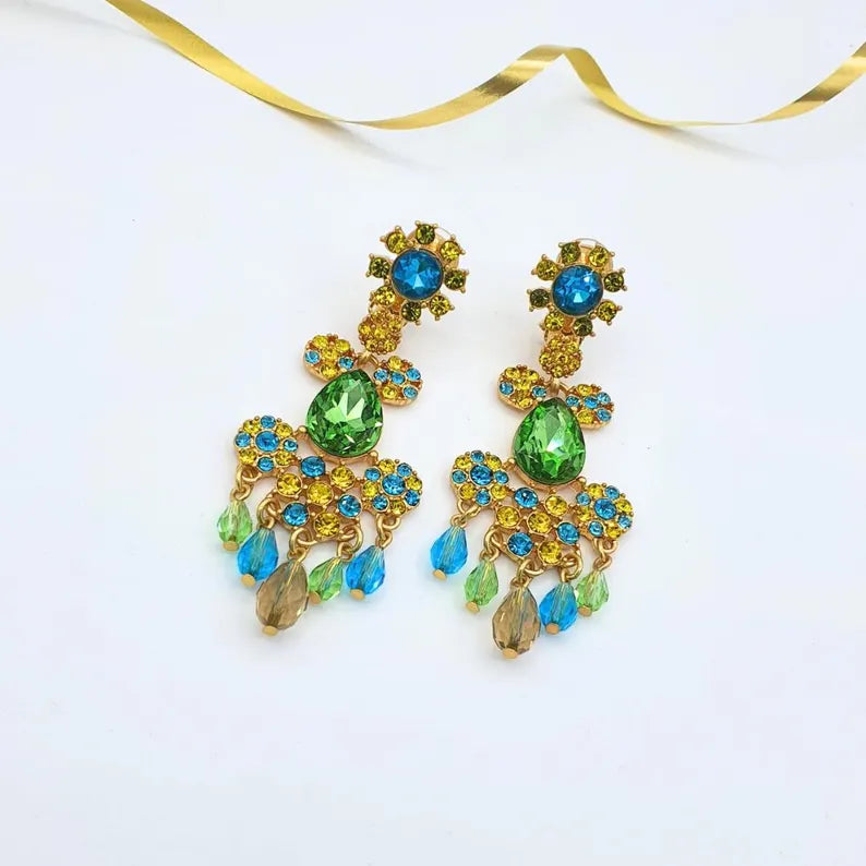 Water Drop Rhinestone Chandelier Earrings Gold Plated Vintage Bling Tassel Earrings