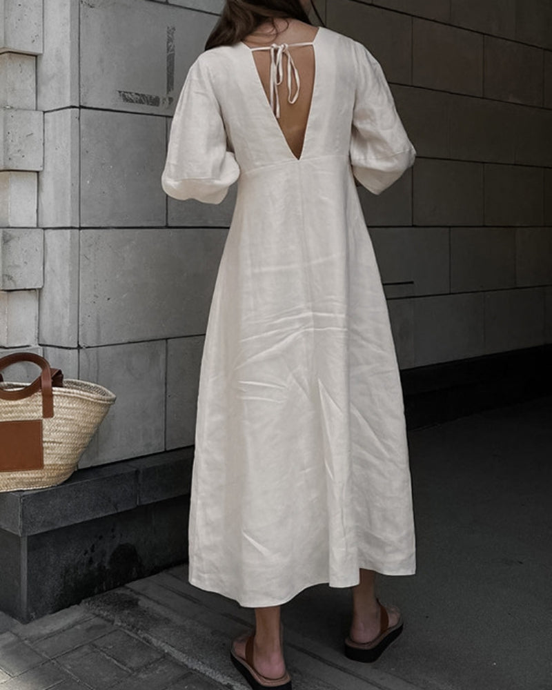 Backless Work It Bubble Sleeve Linen Midi Dresses