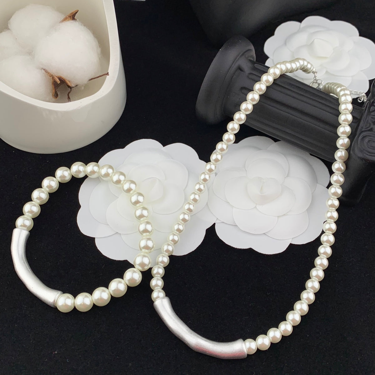 Pearl Jewelry Set Silver Bone Necklace Bracelet
