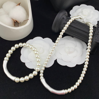 Pearl Jewelry Set Silver Bone Necklace Bracelet