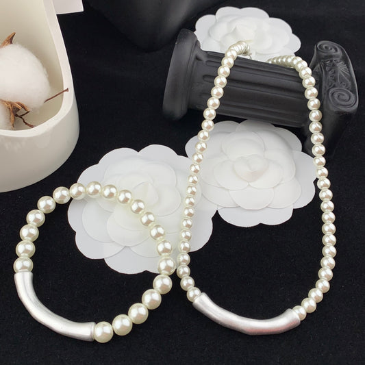 Pearl Jewelry Set Silver Bone Necklace Bracelet
