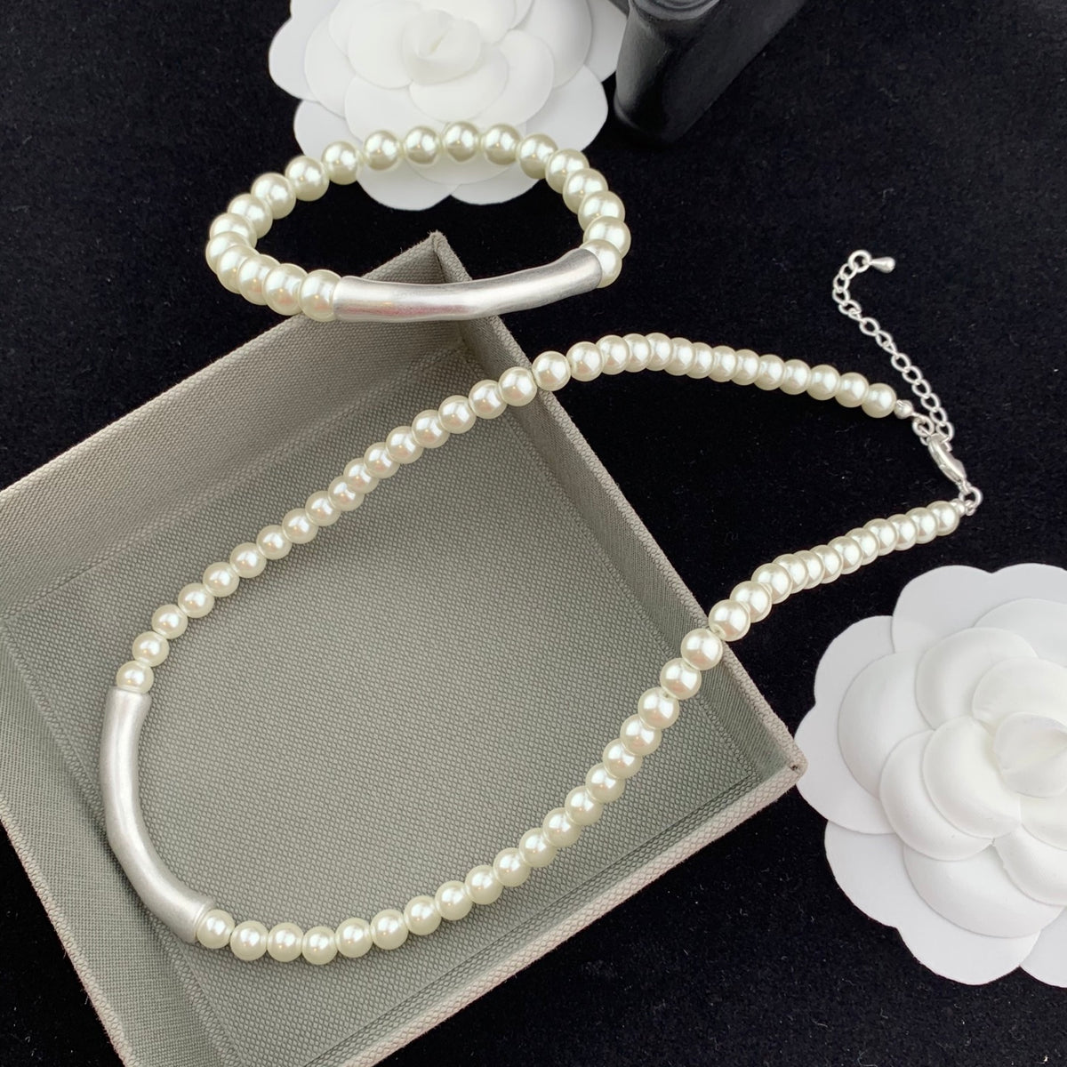 Pearl Jewelry Set Silver Bone Necklace Bracelet