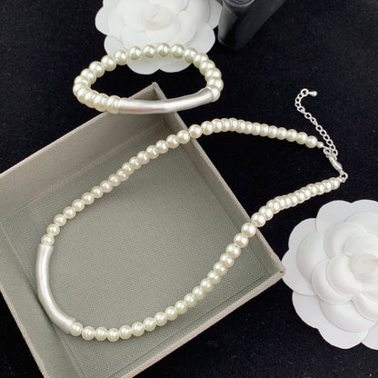 Pearl Jewelry Set Silver Bone Necklace Bracelet