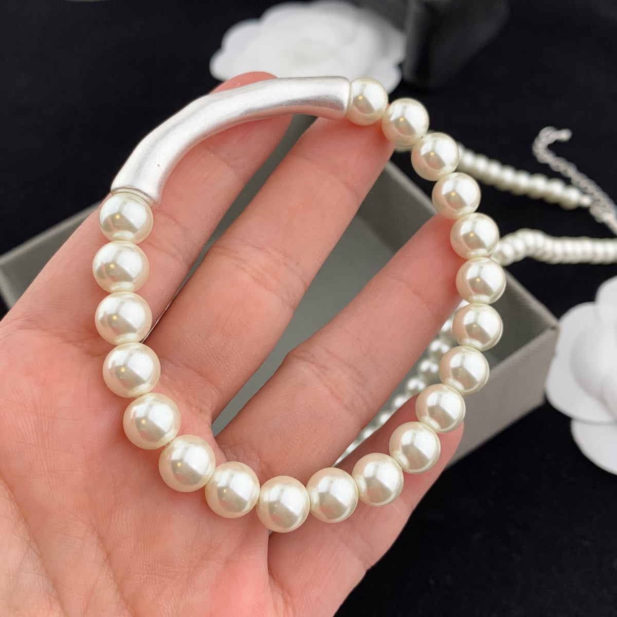 Pearl Jewelry Set Silver Bone Necklace Bracelet