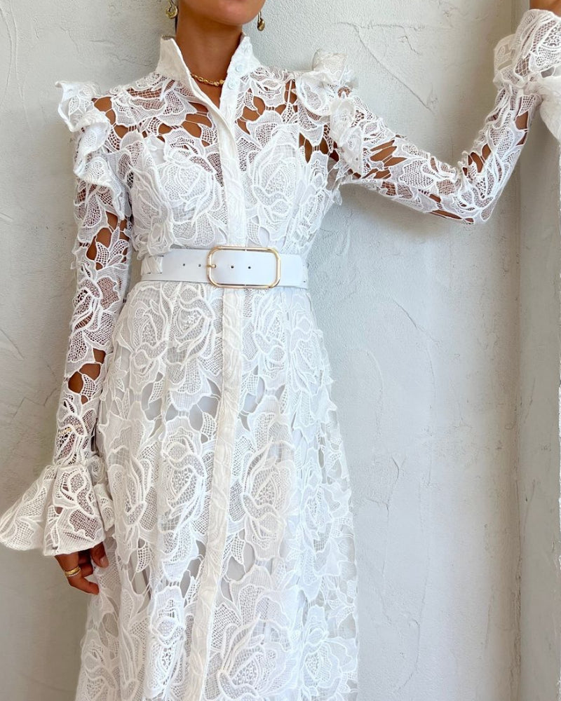 Floral Embroidered Crochet Stand Collar Midi Dresses
