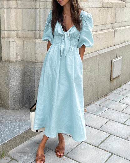 V Neck Tie Elastic Waist Bubble Sleeve Linen Midi Dresses