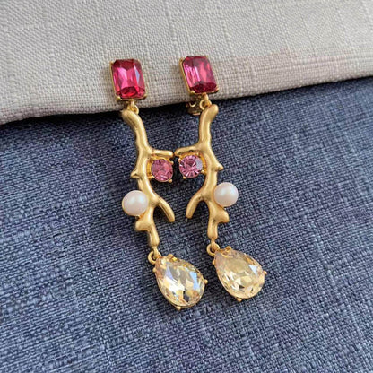 Coral Branches Inlaid With Diamonds Pearls Clip On Earrings Hypoallergenic Jewelry