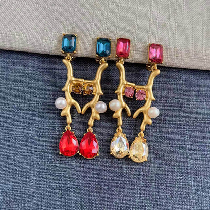 Coral Branches Inlaid With Diamonds Pearls Clip On Earrings Hypoallergenic Jewelry