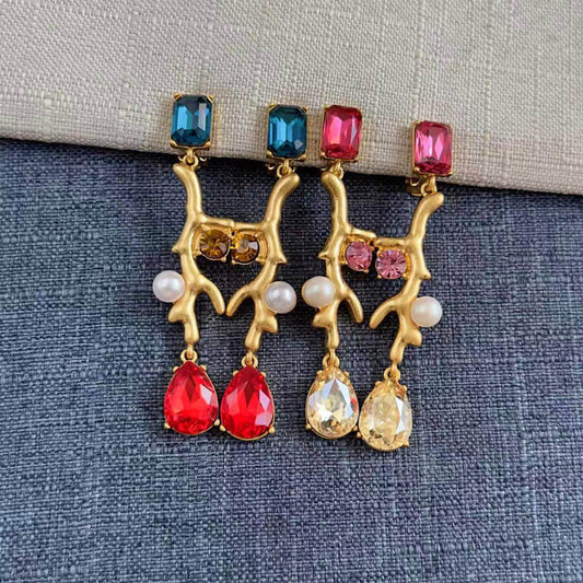 Coral Branches Inlaid With Diamonds Pearls Clip On Earrings Hypoallergenic Jewelry