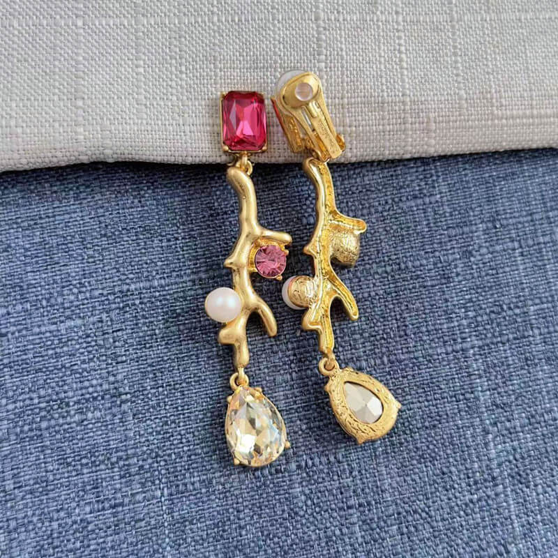 Coral Branches Inlaid With Diamonds Pearls Clip On Earrings Hypoallergenic Jewelry
