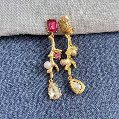 Coral Branches Inlaid With Diamonds Pearls Clip On Earrings Hypoallergenic Jewelry