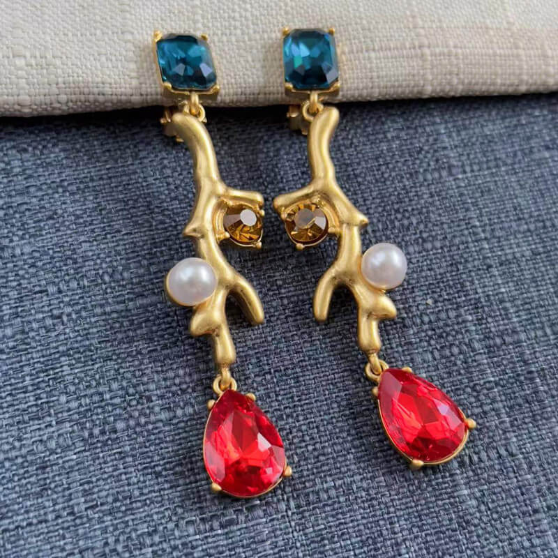 Coral Branches Inlaid With Diamonds Pearls Clip On Earrings Hypoallergenic Jewelry