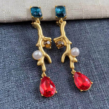 Coral Branches Inlaid With Diamonds Pearls Clip On Earrings Hypoallergenic Jewelry