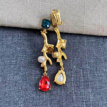 Coral Branches Inlaid With Diamonds Pearls Clip On Earrings Hypoallergenic Jewelry