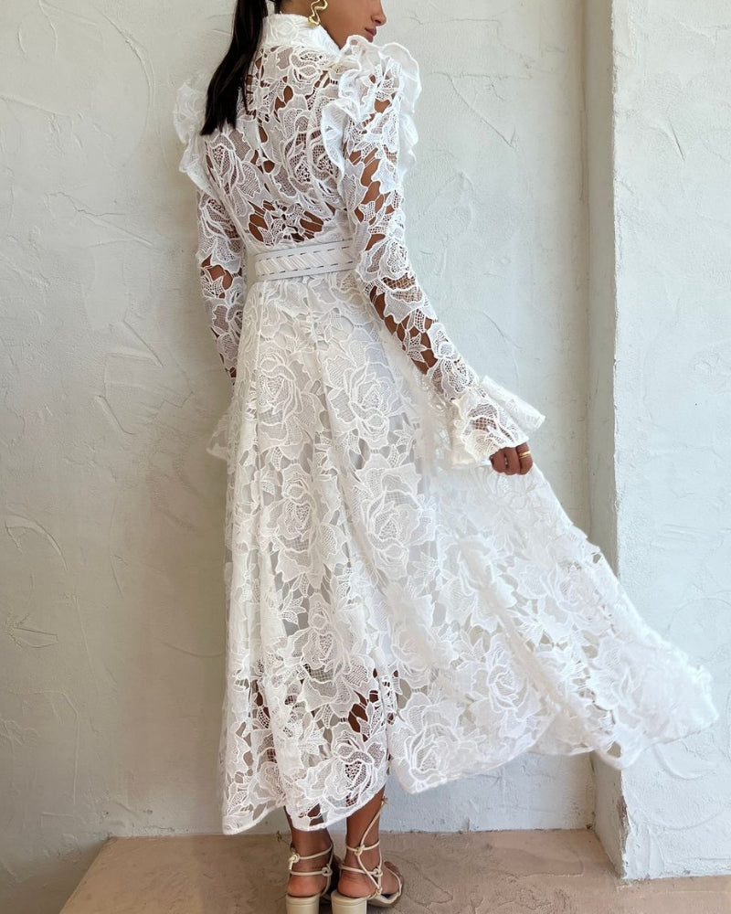 Floral Embroidered Crochet Stand Collar Midi Dresses