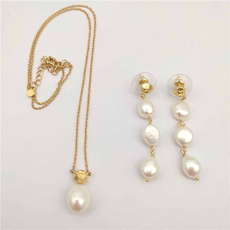 Freshwater Pearls Earrings Hypoallergenic 24K Gold Plated Necklace Elegant Jewelry Set