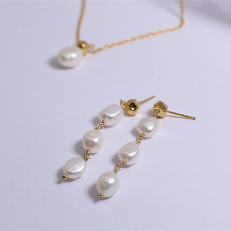 Freshwater Pearls Earrings Hypoallergenic 24K Gold Plated Necklace Elegant Jewelry Set