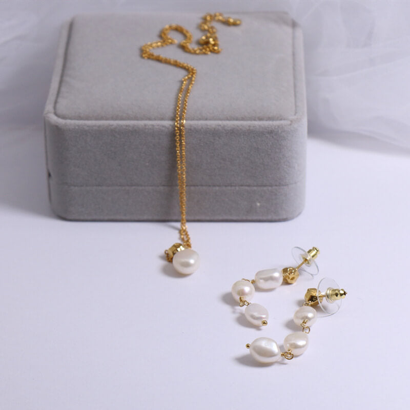 Freshwater Pearls Earrings Hypoallergenic 24K Gold Plated Necklace Elegant Jewelry Set