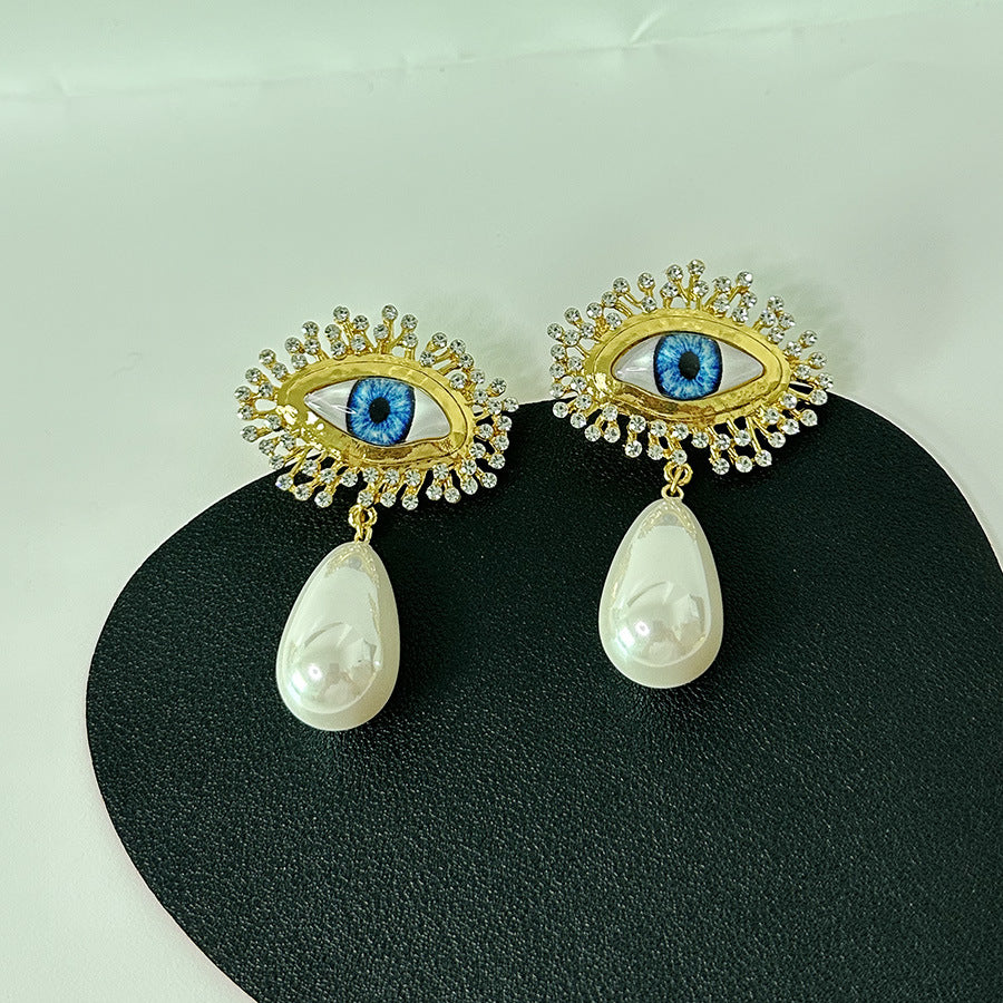 18k Gold Plated Evil Eye Pearls Diamonds Earrings Hypoallergenic Brass J