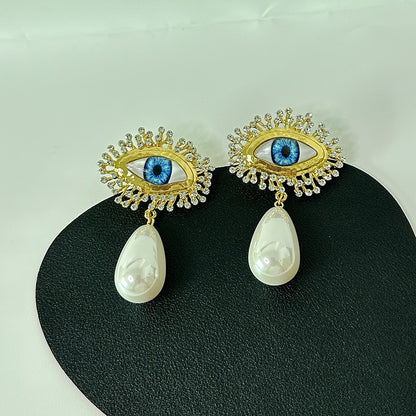 18k Gold Plated Evil Eye Pearls Diamonds Earrings Hypoallergenic Brass J