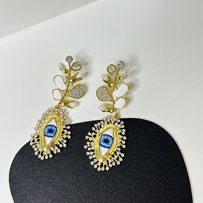 18k Gold Plated Evil Eye Pearls Diamonds Earrings Hypoallergenic Brass J