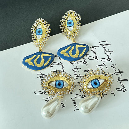 18k Gold Plated Evil Eye Pearls Diamonds Earrings Hypoallergenic Brass J