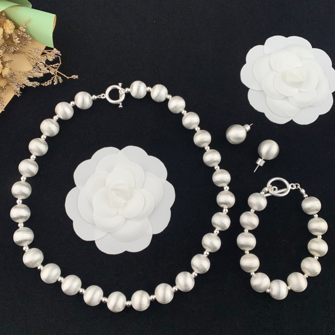 Brushed Silver Necklace Bracelet Earring Ring Jewelry Set