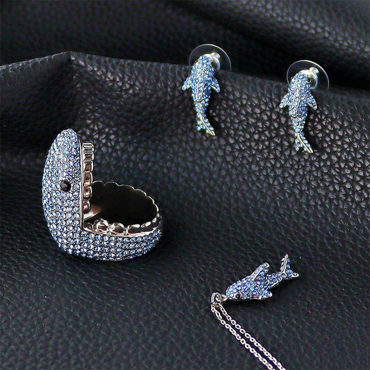 Platinum Plated Shark Necklace Rings Earrings With Blue Diamonds