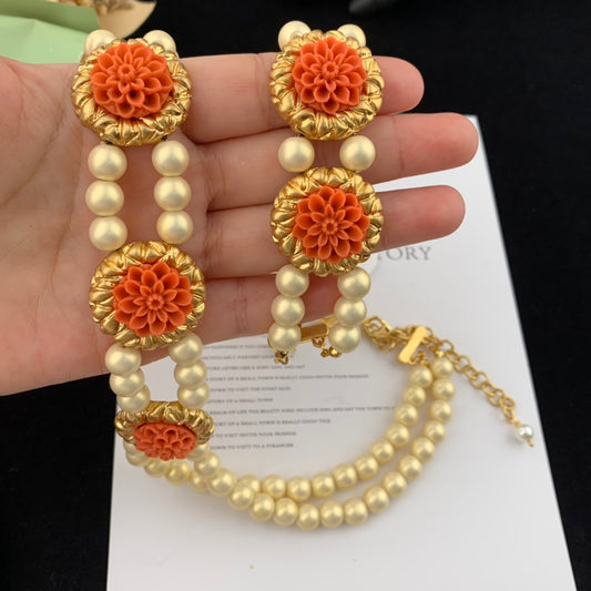 Vintage Jewelry Set Floral Pearl Necklace Bracelet