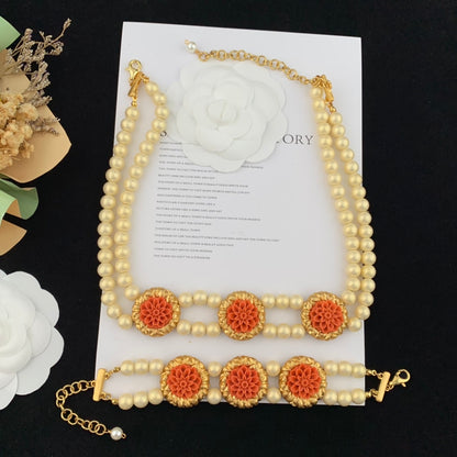 Vintage Jewelry Set Floral Pearl Necklace Bracelet