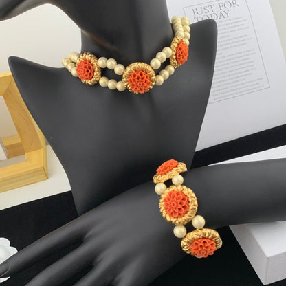 Vintage Jewelry Set Floral Pearl Necklace Bracelet