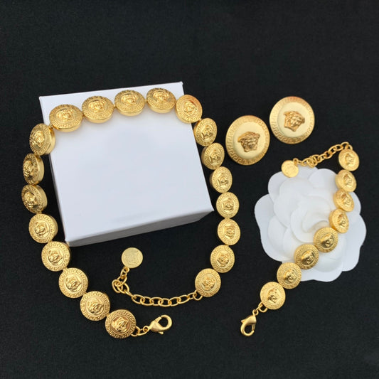 Vintage Jewelry Set Gold V Necklace Bracelet Stud Earrings