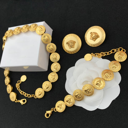 Vintage Jewelry Set Gold V Necklace Bracelet Stud Earrings