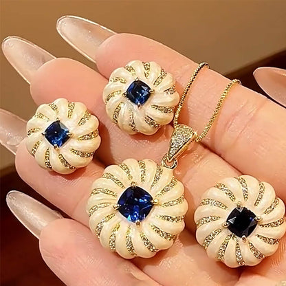 Vintage Jewelry Set Gems Diamond Luxury Necklace Earrings Ring Set