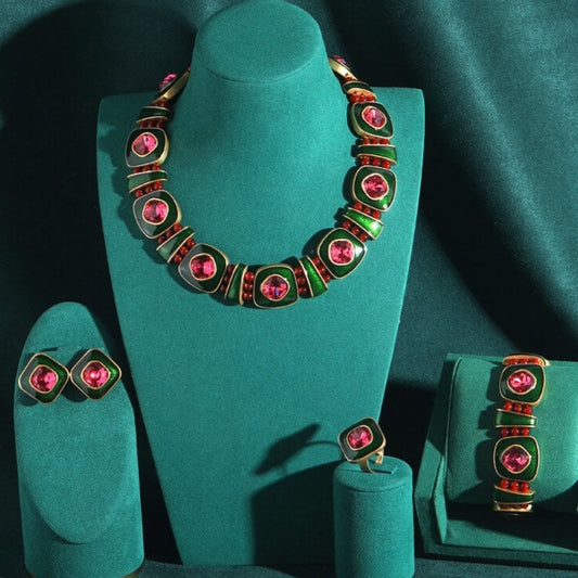 Vintage Jewelry Set Square Gems Bracelet Necklace