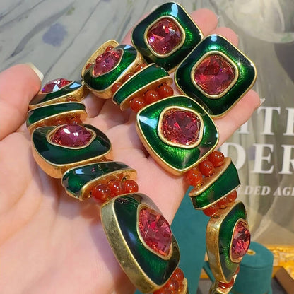 Vintage Jewelry Set Square Gems Bracelet Necklace