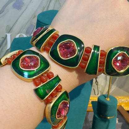 Vintage Jewelry Set Square Gems Bracelet Necklace