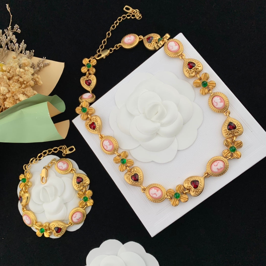 Vintage Jewelry Set Gold Heart Necklace Floral Bracelet
