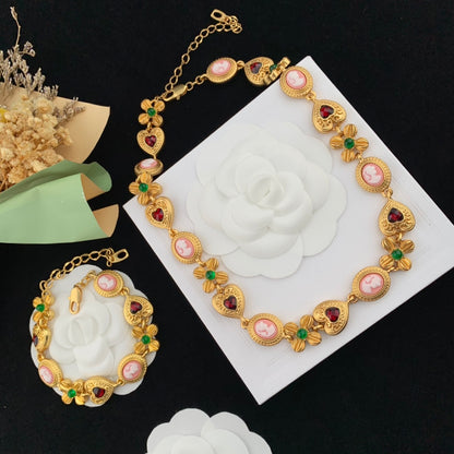 Vintage Jewelry Set Gold Heart Necklace Floral Bracelet