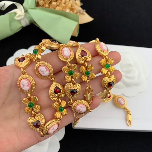 Vintage Jewelry Set Gold Heart Necklace Floral Bracelet