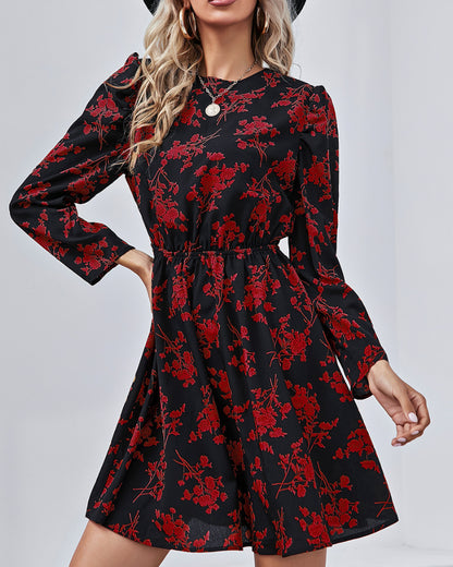 Round Neck Floral High-collared Skater Mini Dresses