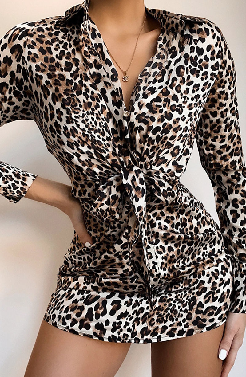Lace-up Leopard Lapel Floral Mini Dresses