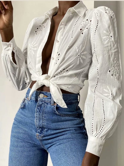 Floral Embroidery Single-breasted Hollow-out Shirts Blouse