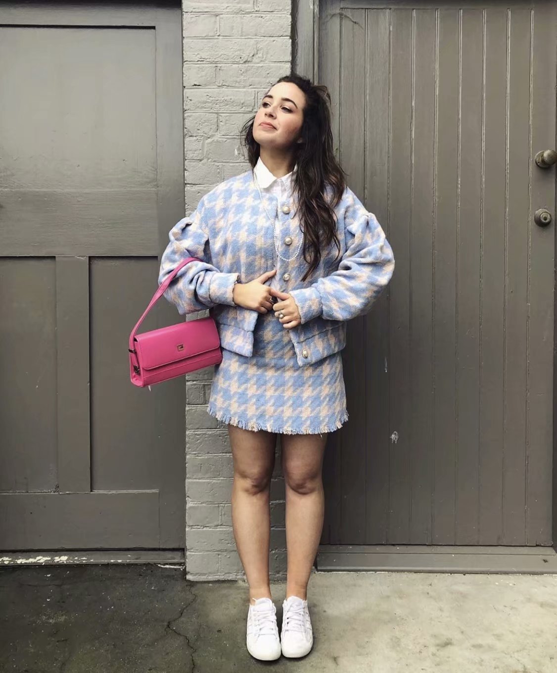 Houndstooth Beaded Buckle Long Sleeve Short Jacket Skirt Dress Suit