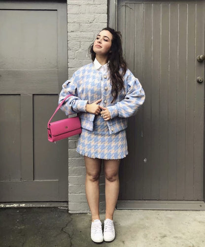 Houndstooth Beaded Buckle Long Sleeve Short Jacket Skirt Dress Suit